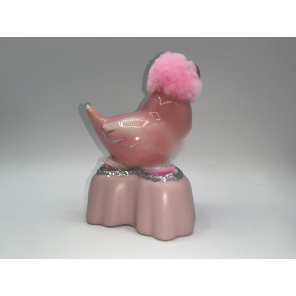 Vintage Pink Ceramic Bird Valentine Day Pink Heart Poofy Hat Fur Princess OOAK - Picture 13 of 16
